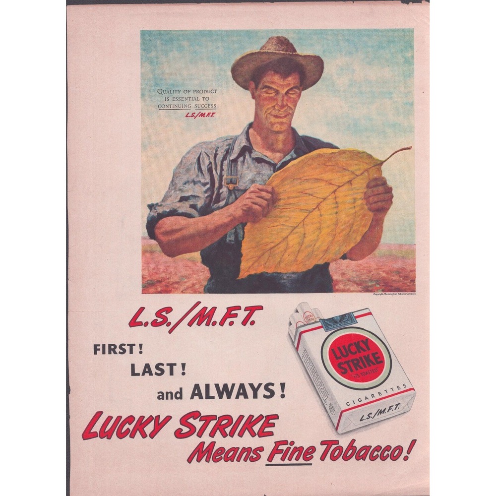 Vintage Lucky Strike Cigarette Ad Farmer Tobacco Leaf LS/MFT Print 10.2 x 13.9